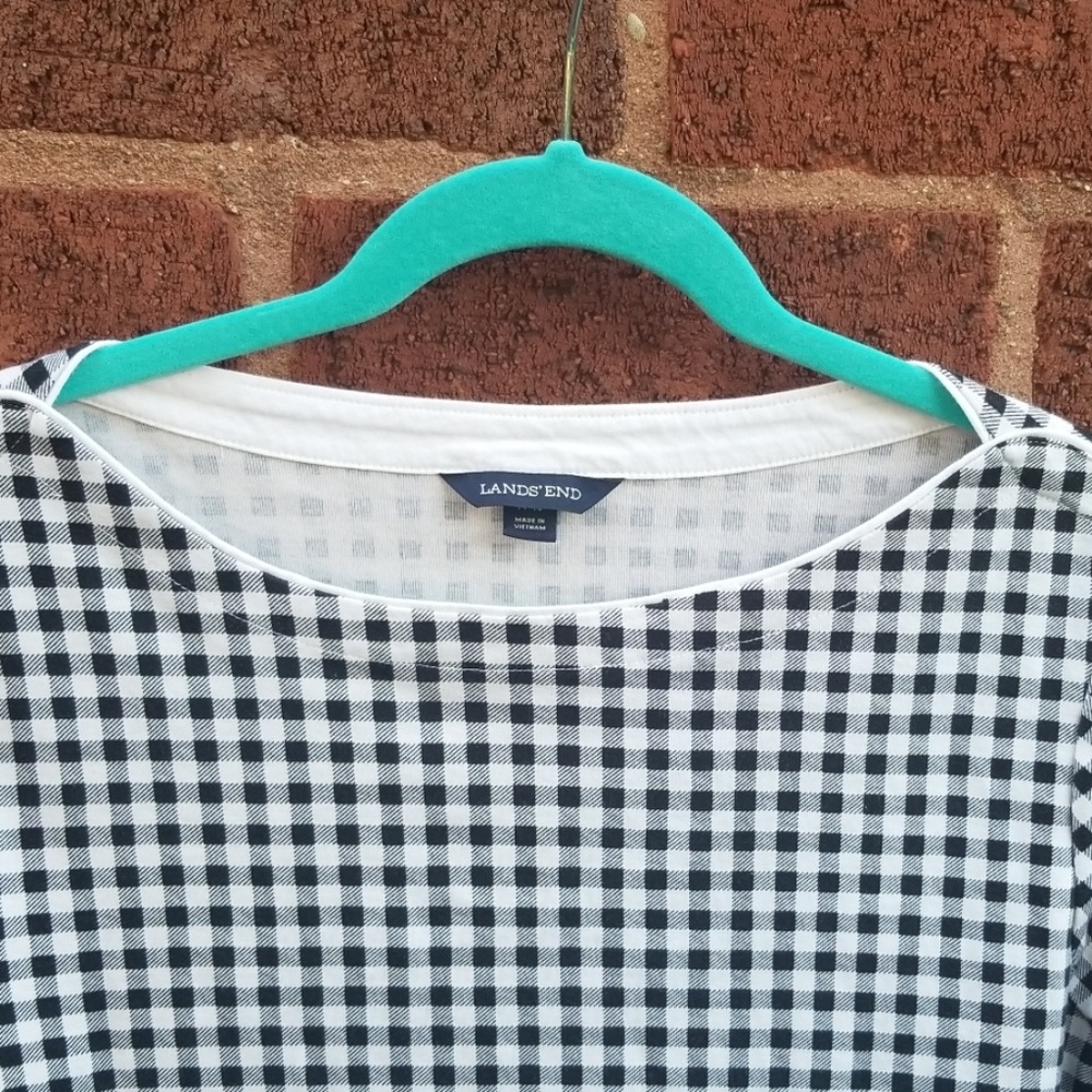 Lands End Gingham Check Knit Wide Neck Sz L Top - Picture 2 of 4